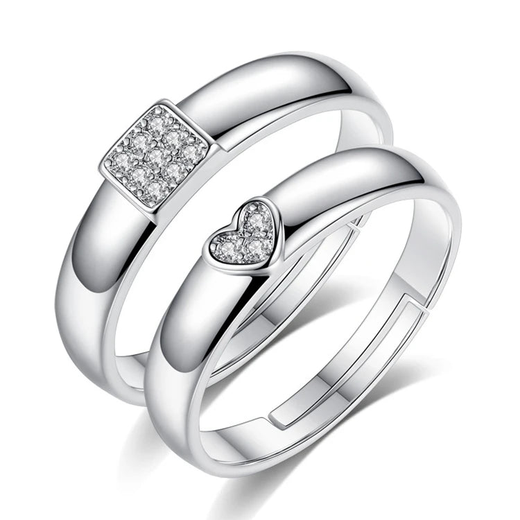 Valentine's Day Gift Real Silver Plated Copper Heart Shaped Zircon Couple Lovers Engagement Rings Jewelry for Weeding