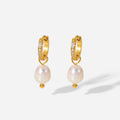18k Gold Pvd Plated Stainless Steel Jewelry Cubic Zirconia Hoop Freshwater Pearl Pendant Earrings