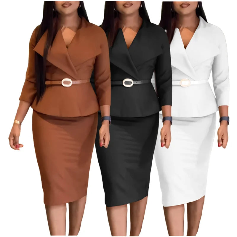 D542 Trendy Ladies Office Dresses Women Casual Elegant 3-Quarter Sleeve Suit Collar Hip Warp African Dresses for Women Clothing
