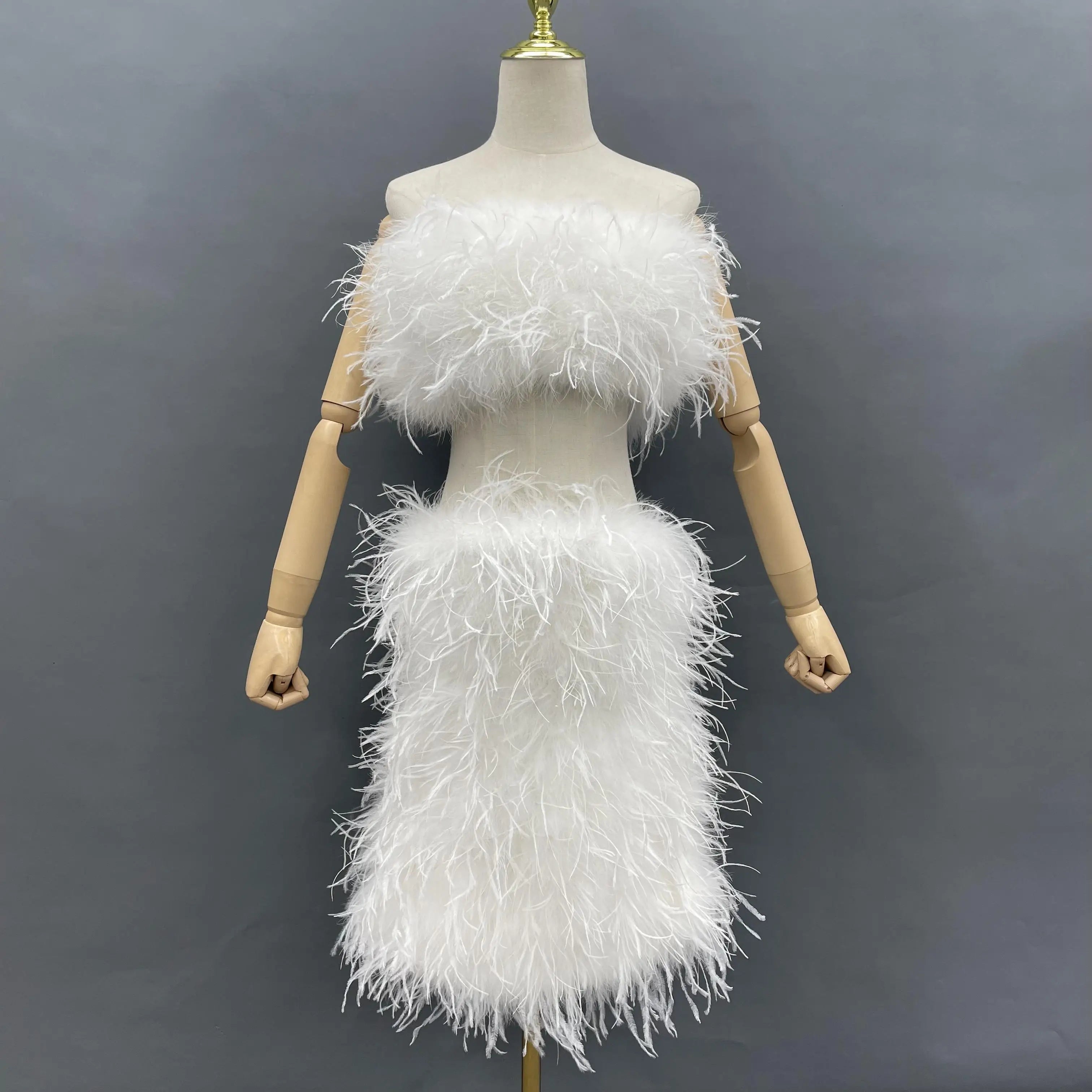 Party Tube Feather Crop Tops Pure Color Fur Strapless Camisole Women Feather Skirt Suit Red Ostrich Feather Top