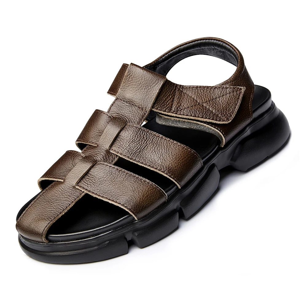 Men's Summer British Beach Sandals Fashion Cowhide Roman Outdoor Shoes Waterproof Trendy Hollow Toe Cover Genuine Leather