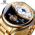 Forsining Mens Automatic Wrist Watch Royal Golden Sun Moon Self-Wind Skeleton Stainless Steel Band Mechanical Relogio Clock