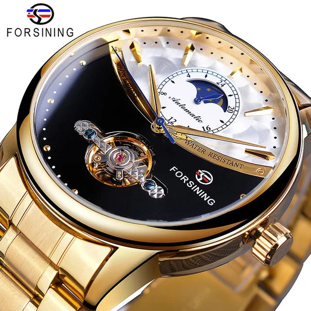 Forsining Mens Automatic Wrist Watch Royal Golden Sun Moon Self-Wind Skeleton Stainless Steel Band Mechanical Relogio Clock