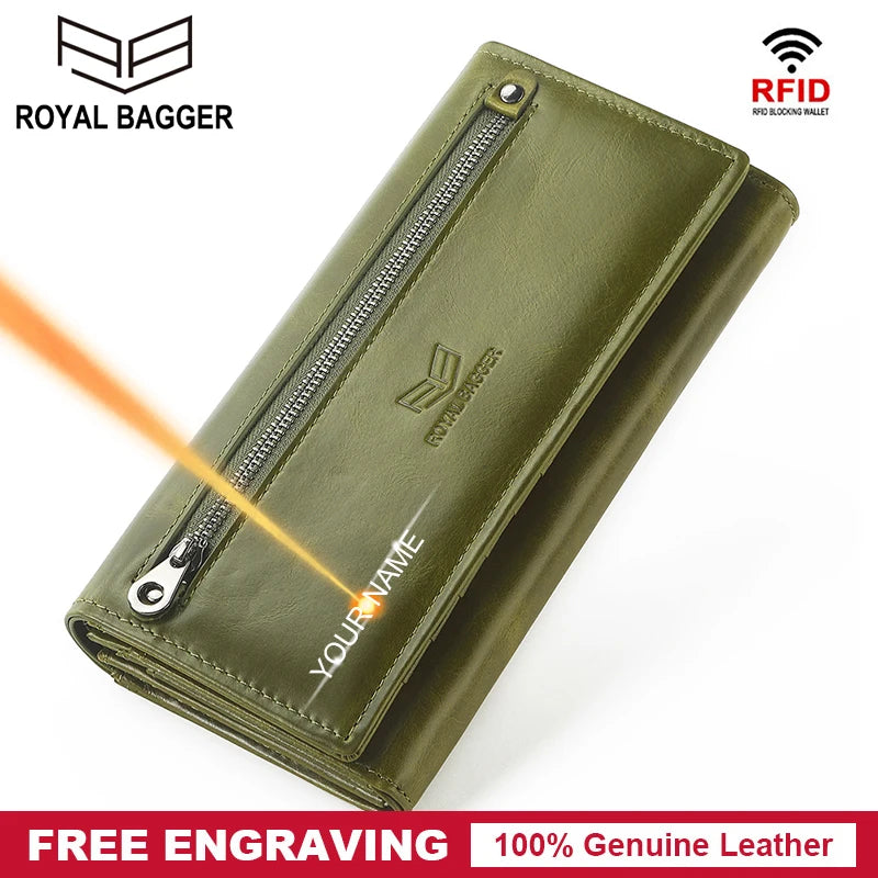 Royal Bagger Long Wallet Purse for Women Genuine Cow Leather RFID Blocking Wallets Card Holder Phone Pocket Purses Female Ladies