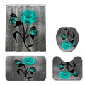 Teal Gray Rose Shower Curtain Sets With Non-Slip Rug Toilet Lid Cover and Bath MatWaterproof Raindrops Shower Curtains