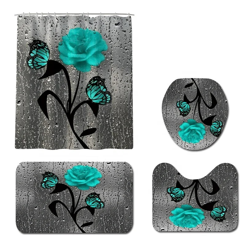 Teal Gray Rose Shower Curtain Sets With Non-Slip Rug Toilet Lid Cover and Bath MatWaterproof Raindrops Shower Curtains