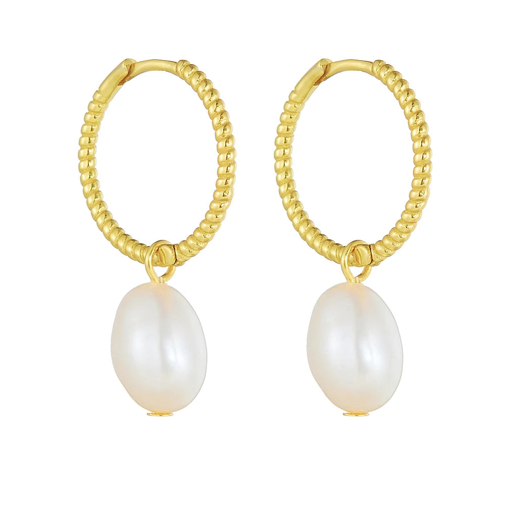 Luxury 925 Sterling Silver Jewelry Gold Plated Natural Baroque Freshwater Pearl Charm Twist Hoop Earrings for Women Gift