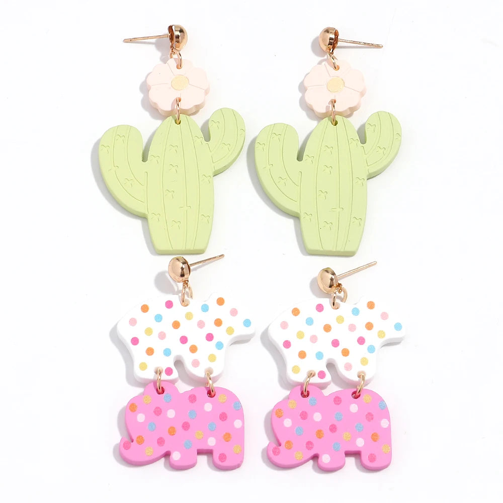 Hot Selling Trendy Women's Earrings Colorful Wavy Dots with Cartoon Elephant Flower Cactus Pendant Cute Charm for Party