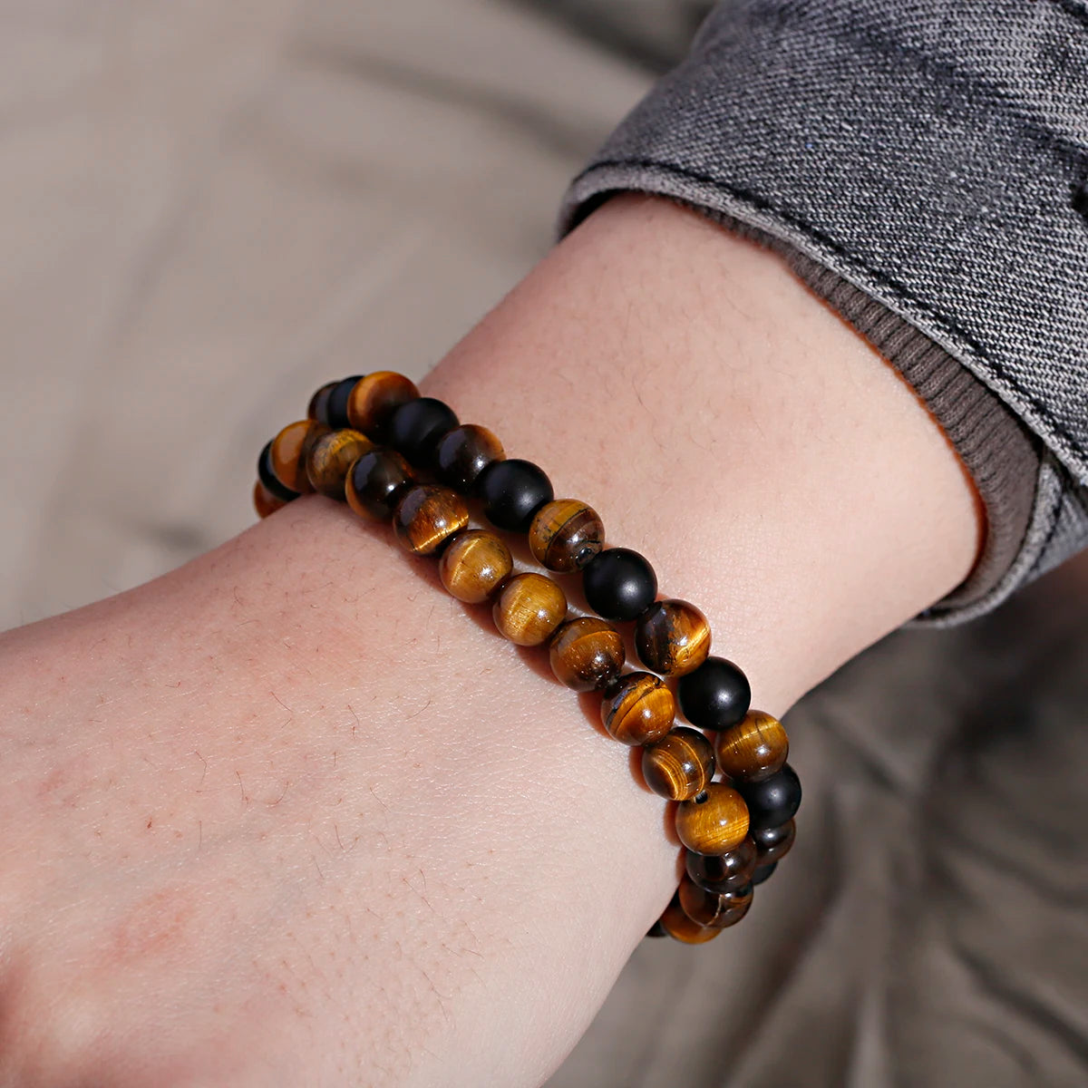 2Pcs Natural Tiger Eye Stone Black Matte Onyx Beads Yoga Healing Reiki Balance Fashion Bracelets Jewelry