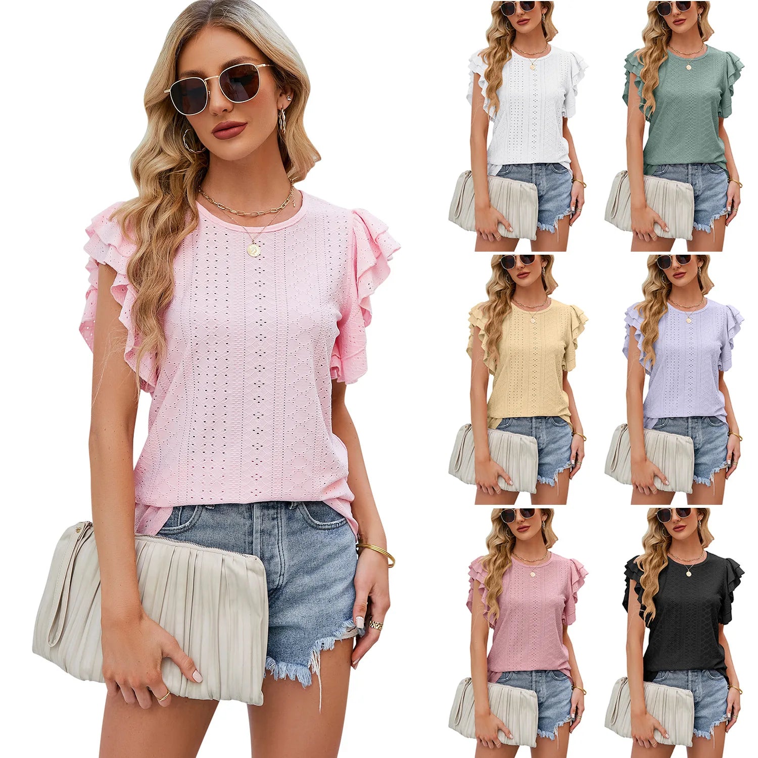 S-XXL Summer European and American New Women's Round Neck Double Ruffle Sleeve Hollow Short Sleeve T-shirt Casual Top