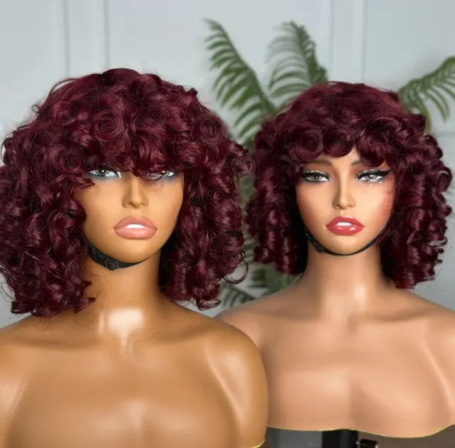 200% 14inch Water Wave Bangs Wigs Non-Lace 100% Human Hair Bob Wigs Brazilian Remy Human Hair Curly Fringe Wigs