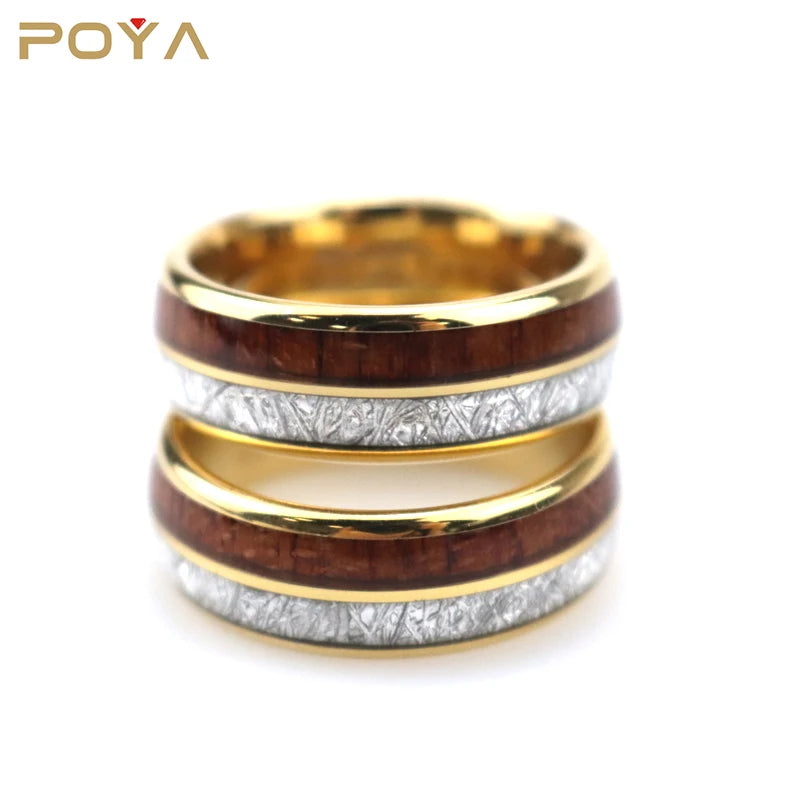 8mm Domed Double Channel Hawaii Koa Wood Silver Simulated Meteorite Inlay Gold Tungsten Ring
