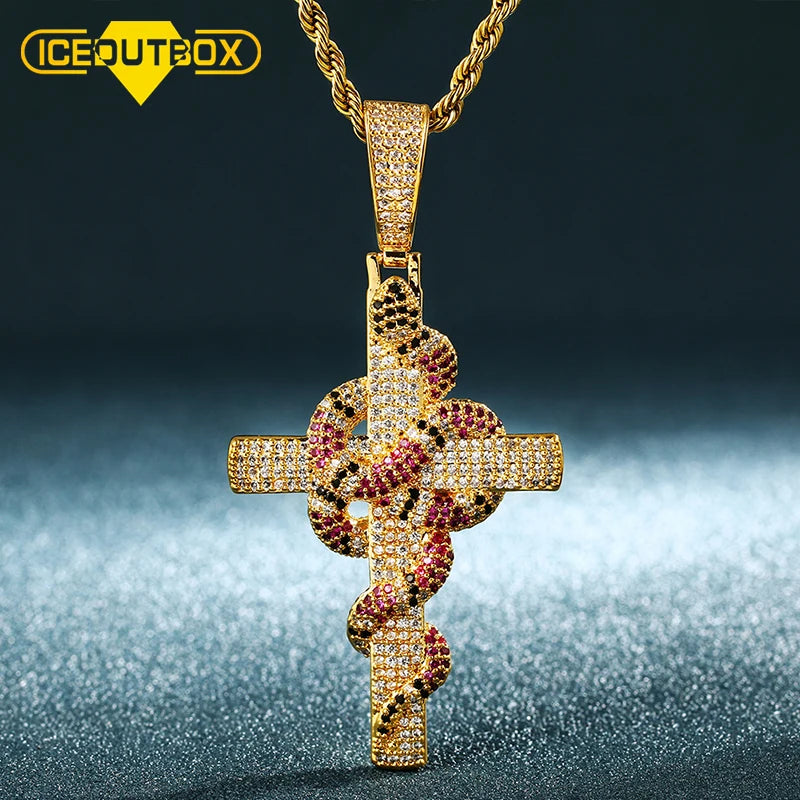 High Quality Gold Plated Animal Pendant Snake Cross Pendant Urban Hiphop Jewelry Men Iced Out Charm