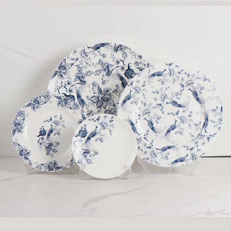 Wholesale Elegant Blue Peacock Pattern Dinnerware Set Bone China Dinner Sets for Party Even