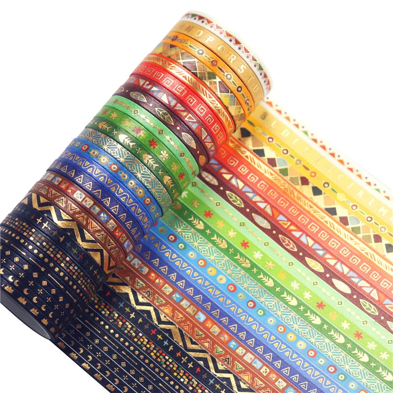 Cute Creative  Ethnic Style Bronzing Thin Strip Basic DIY  Washi Paper Block Masking Tape Set Stationery 26 Rolls 3mm