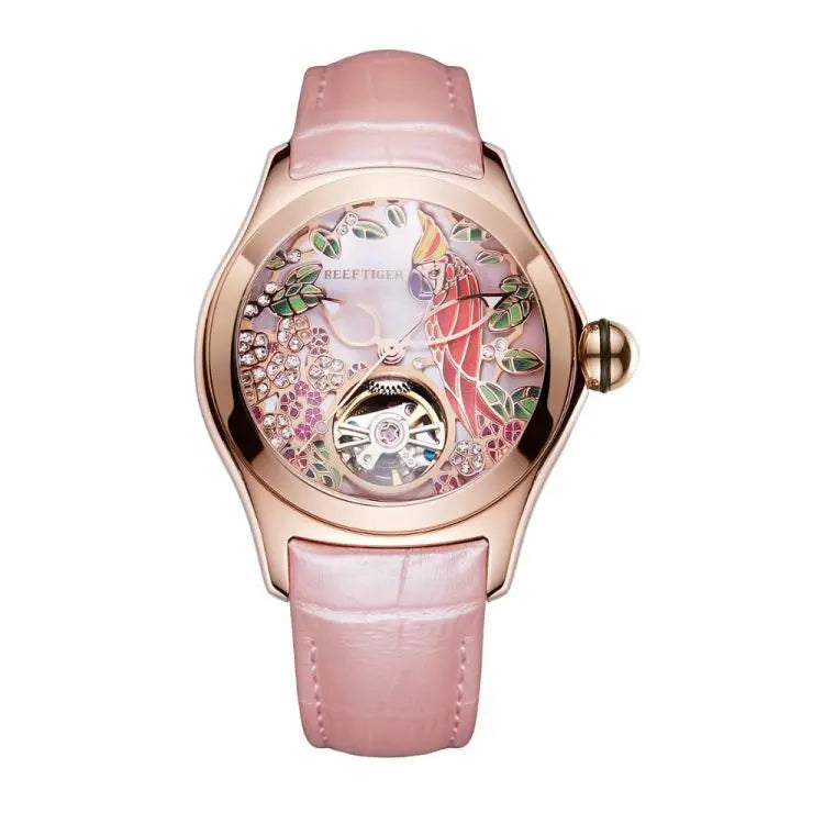 REEF TIGER RGA7015 Diamonds Fashion Watches Women Steel Genuine Leather Strap Automatic Waterproof Analog Watches