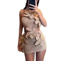 BR5349 Summer New Style Halterneck Flower Cut Out Casual Dress with Natural Waist Woven Logo on Front Holiday Style