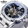 Winner Skeleton Watch Fashion Steampunk Design Automatic Clock Luxury Waterproof Silver Stainless Steel Mechanical Man Watches