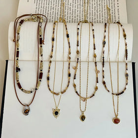 Autumn Winter Vintage Light Luxury Maillard Tiger Eye Stone Beaded Layered Necklace Versatile Choker Fashion Pendant Necklaces