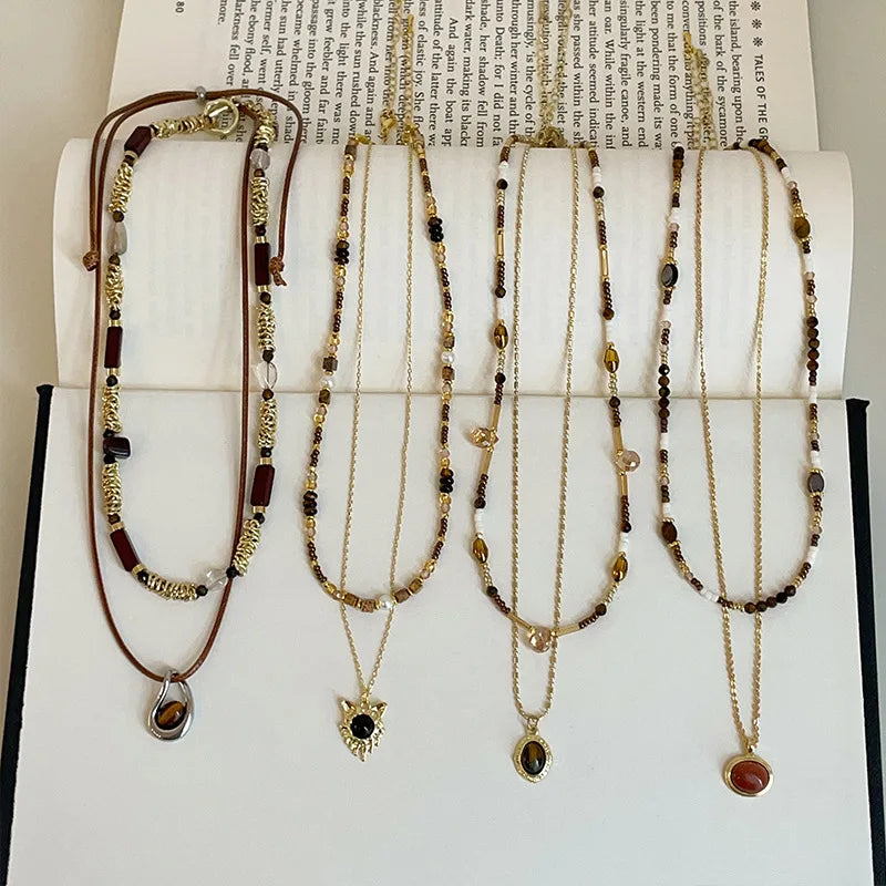 Autumn Winter Vintage Light Luxury Maillard Tiger Eye Stone Beaded Layered Necklace Versatile Choker Fashion Pendant Necklaces