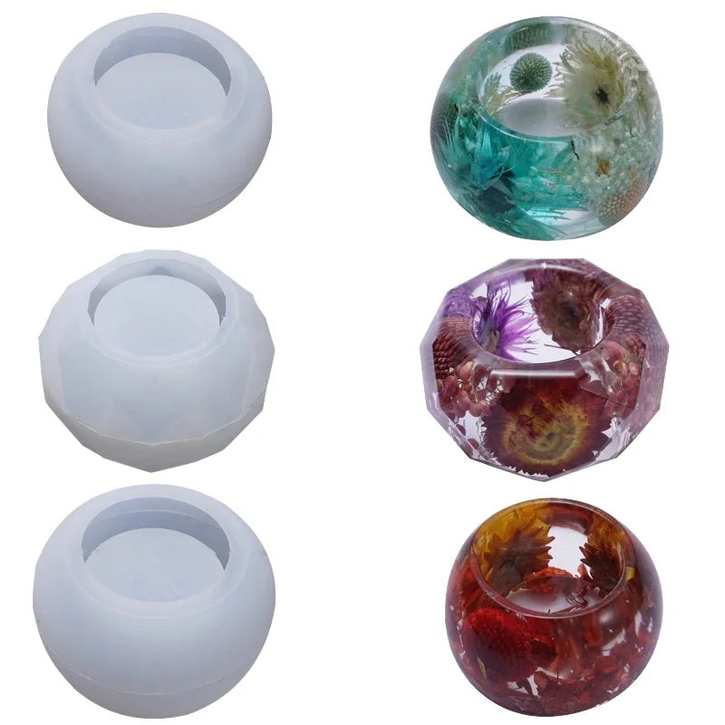 Art Silicone Candle Holder Jar Mould Crystal Epoxy Resin Mold Round Bowl Hexagon Cup Dishes Silicone Gypsum Flower Potted Mold