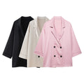 ZATRHMBM Women's 2025 New Fashion Wrinkle Effect Double-breasted Blazer Retro Solid Color Long-Sleeved Jacket