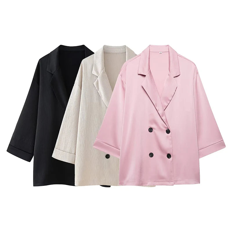 ZATRHMBM Women's 2025 New Fashion Wrinkle Effect Double-breasted Blazer Retro Solid Color Long-Sleeved Jacket