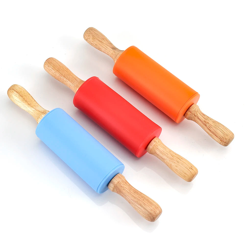 Colorful 3 Pieces Wooden Mini Silicone Rolling Pin Flattening Dough Roller With Wooden Handle