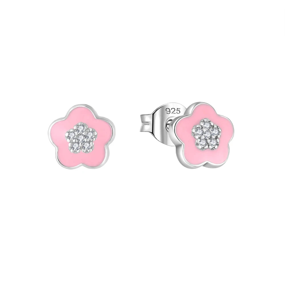 Wholesale Bulk Cute Pink Enamel Flower Stud Earrings 925 Sterling Silver Hypoallergenic Girls' Jewelry