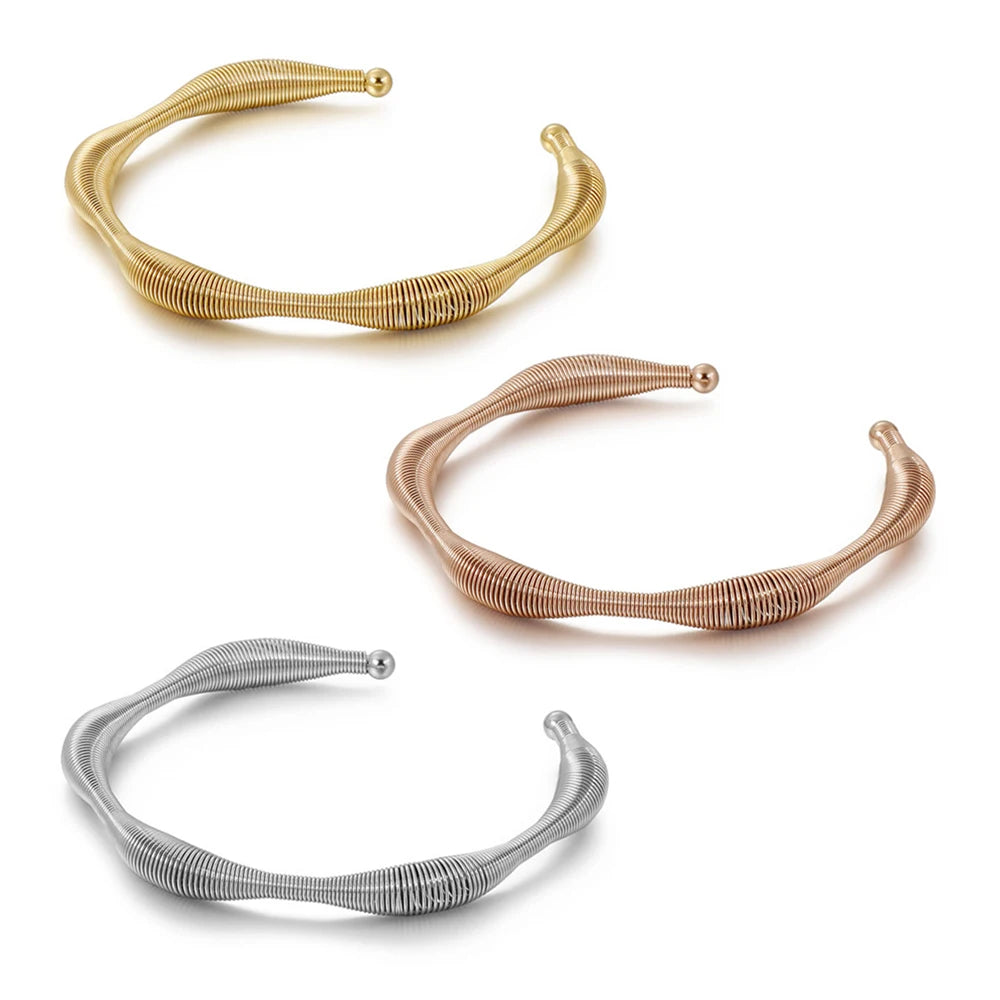 Hiphop Trendy 18K Gold Plated Waved Opening Stretch Cuff Bracelet Stainless Steel Jewelry Spring Wire Bangles Women