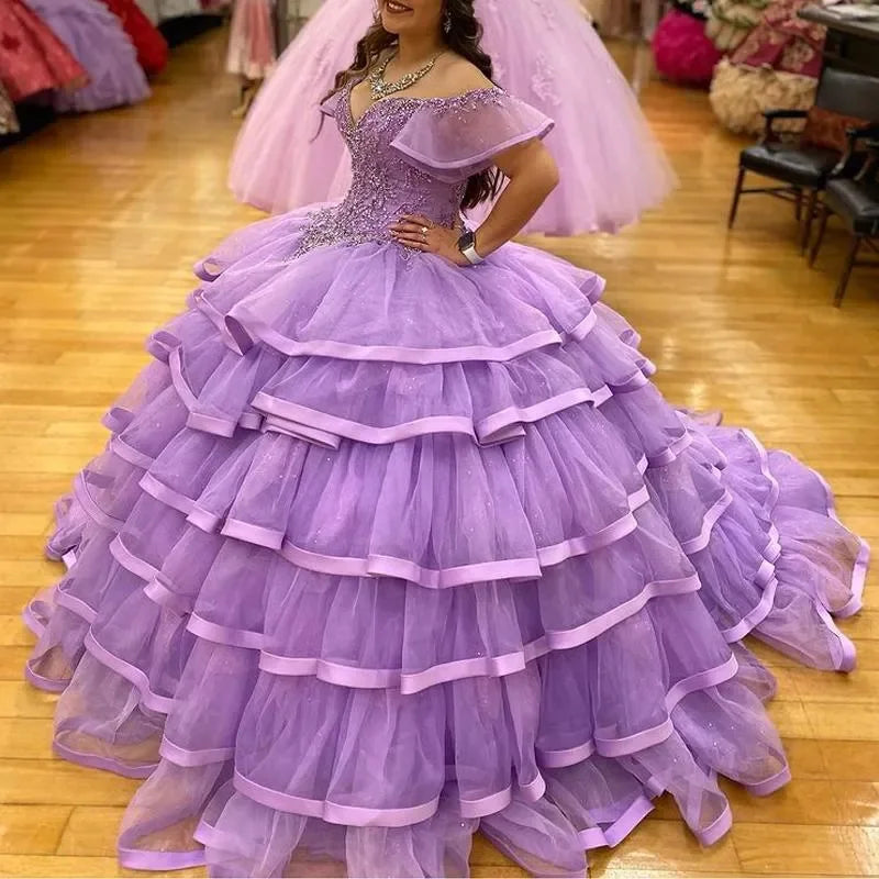 Princess Off Shoulder Plus Size Plus Size Vestidos Para Prom Party Gowns Sweet 16 Girls Purple Quinceanera Dresses MQ723