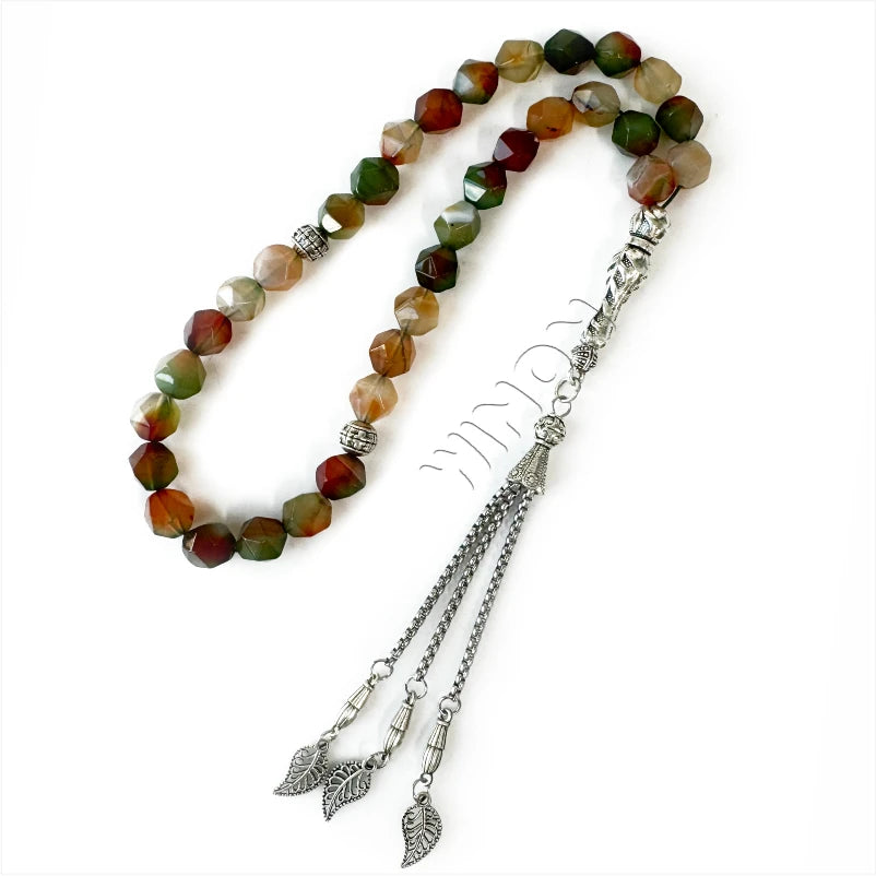 Green Natural Agate Diamond Cut 10mm 33pcs Beads Silver/Gold Plated Religious Islamic Beaded Bracelet Muslim Rosaries