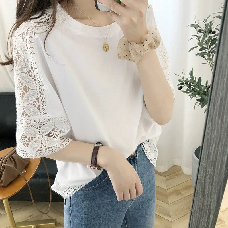 Comfortable Cotton Material Half Sleeve Shirt Woman Summer Free Size White Lace Blouse
