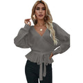 Casual Spring and Autumn Solid Color Belt V-neck Long Sleeve Pullover Sweater Woman