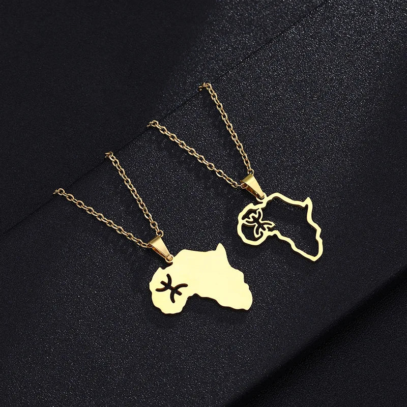 18K Gold Africa Map Berber Sign Pendant Necklace for Men and Women Stainless Steel Gold Amazigh Pendant Link Chain Necklace