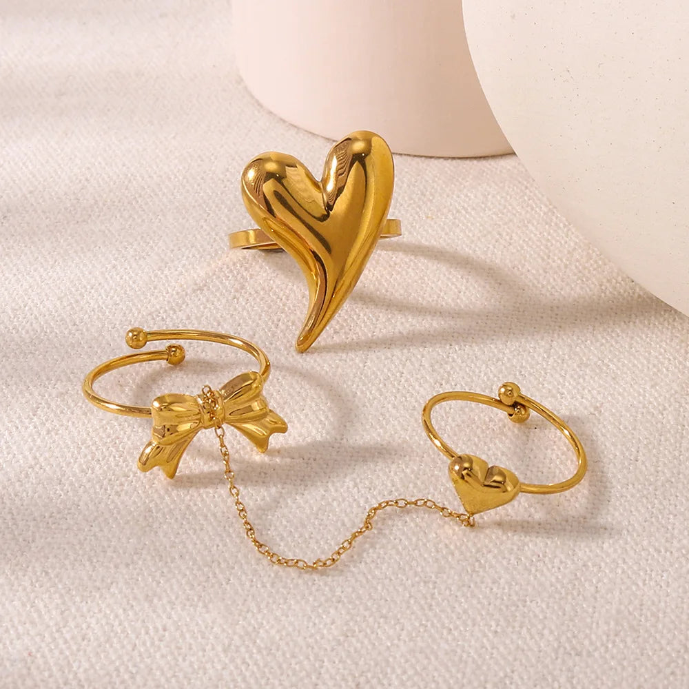 Fashion Waterproof Jewelry 18k Gold PVD Plated Stainless Steel Finger Open Cuff Ring Love Heart Stacking Linked Rings for Women