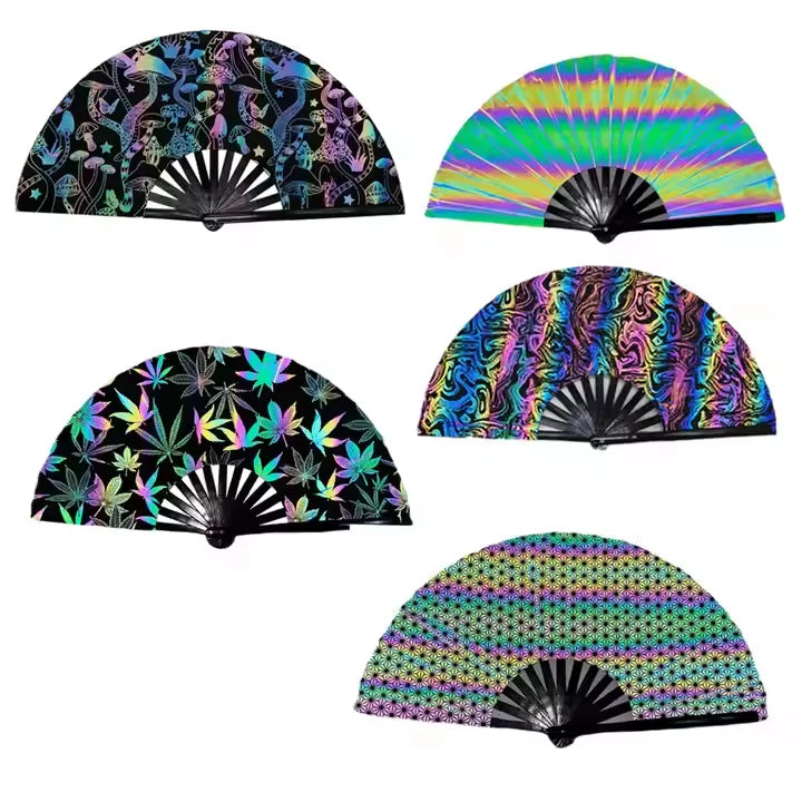 Hot Selling Magic Reflective Fan Holster Holographic Iridescence Bag Flash Large Hand Fan Reflective Fabric Fan Holster