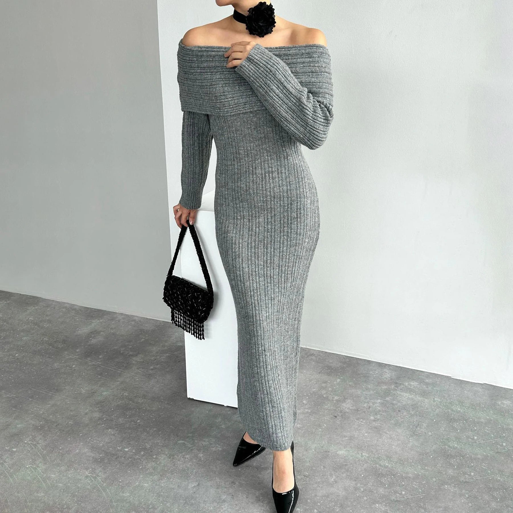 Wholesale Custom Off-the-Shoulder Ribbed Knit Maxi Dress Women's Long Sleeve Bodycon Sweater Dress