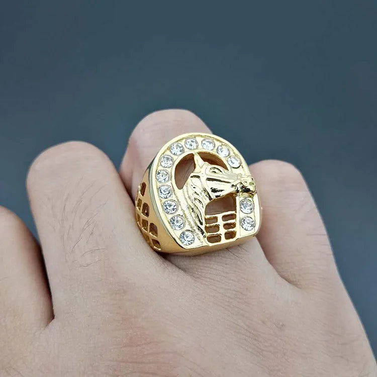 Hip Hop Titanium Stainless Steel Gold Plated Good Price Diamond Horse Head Men's Design Ring