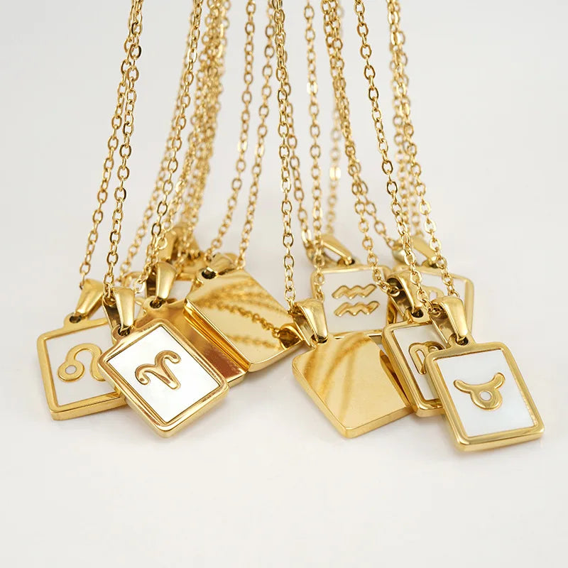 12 Zodiac Necklace Simple Shell Pendant 18K Gold PVD Stainless Steel Hip Hop Third Party Certified Link Chain Gifts Women