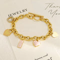 Wholesale Stainless Steel Women Charm Bracelet Fashion Luxury Gold-plated Zircon Pendant Drip Oil Pink Enamel Jewelry
