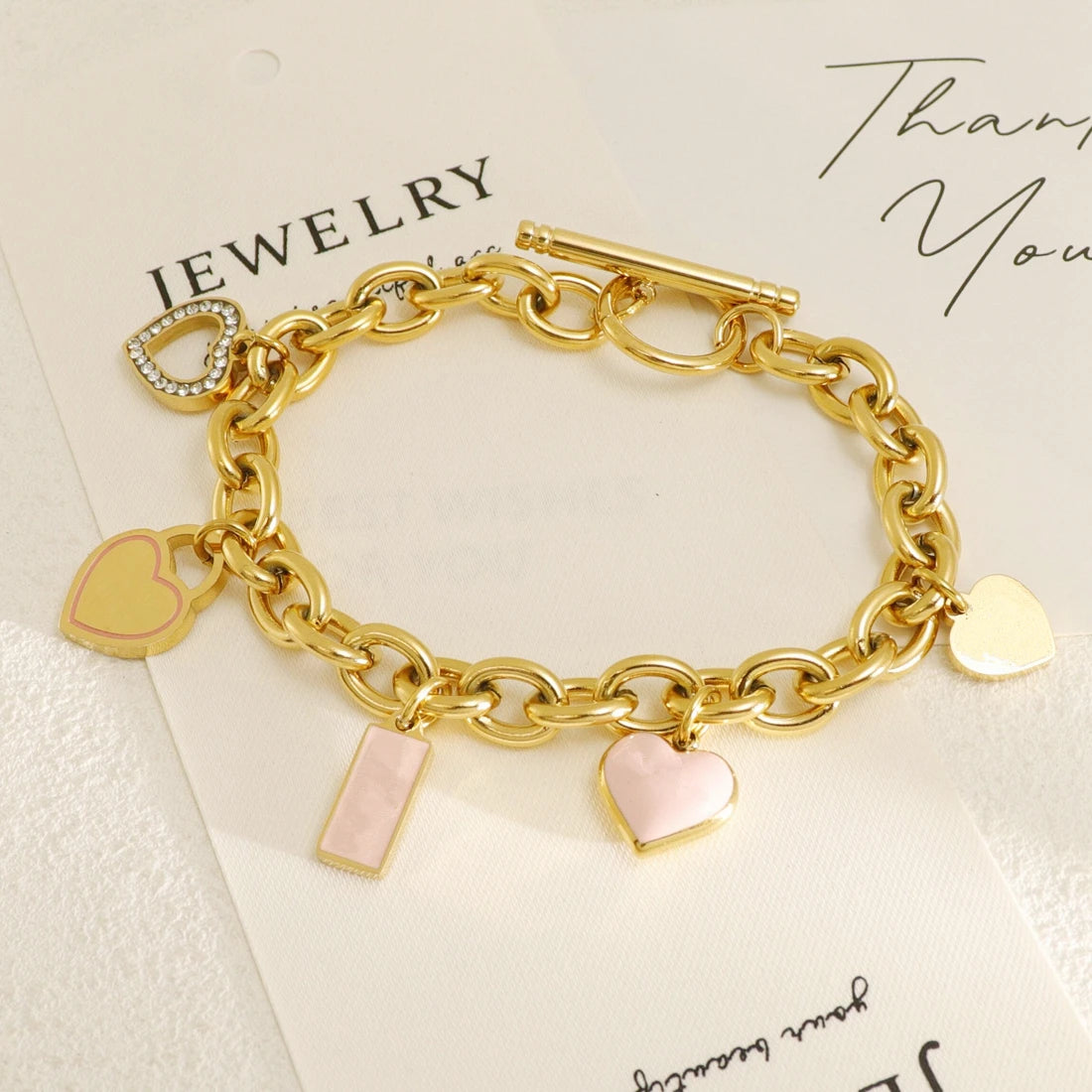 Wholesale Stainless Steel Women Charm Bracelet Fashion Luxury Gold-plated Zircon Pendant Drip Oil Pink Enamel Jewelry