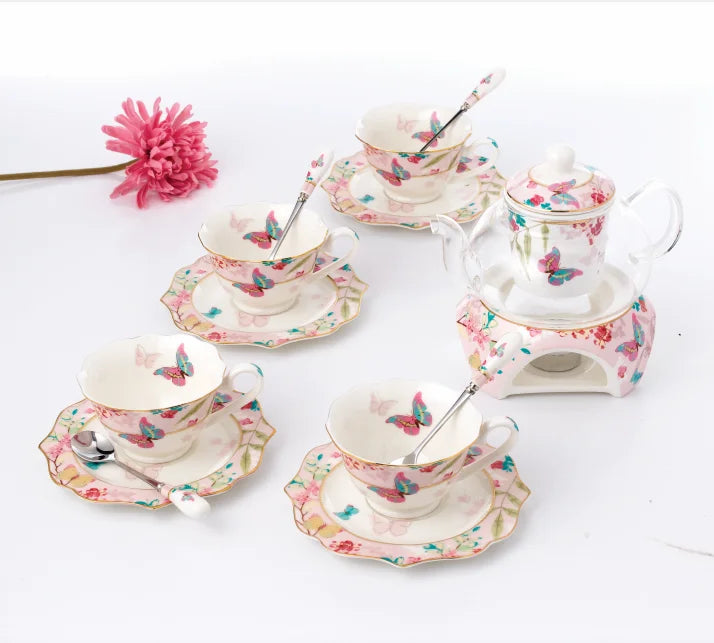 New Modern Design Eco-Friendly Pink Bone China Tea Set with Glass Teapot and Warmer