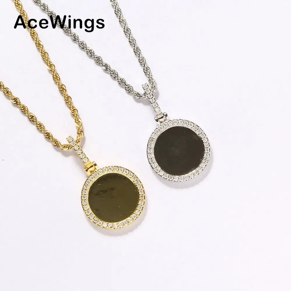 PP07  Small Size Photo Pendant with Rope Chain Brass Micro Pave with CZ Stones Necklace Jewelry