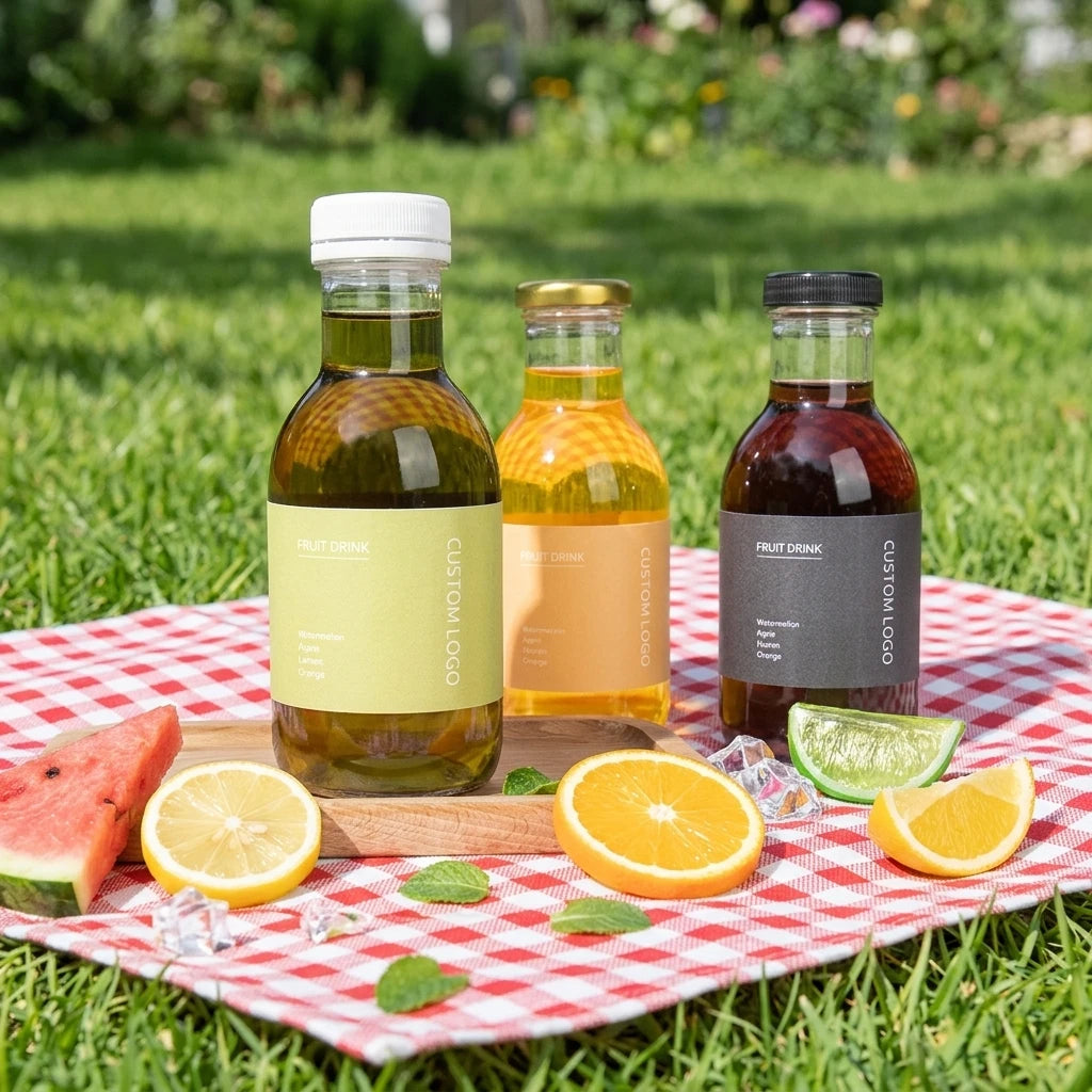 Wholesale 250ml 350ml Twist off Beverage Sauce Juice Glass Stout Bottle with Lug Lid Screen Printed Packaging
