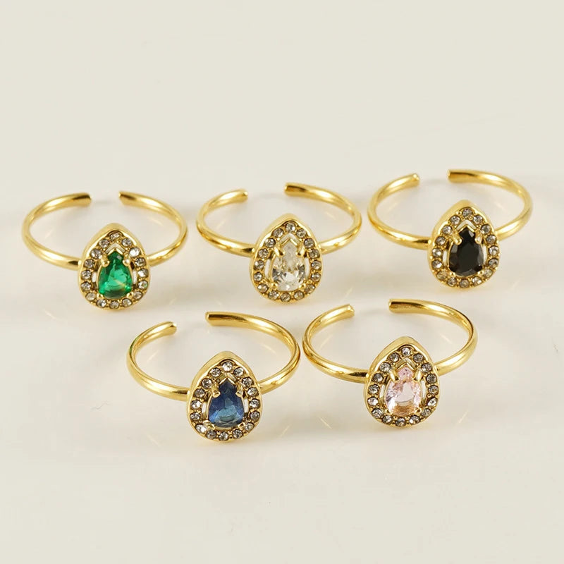 Wholesale New18K Gold Stainless Steel Ring High Cut Adjustable Geometry Waterdrop Square Zircon Jewelry Vintage Wedding Party
