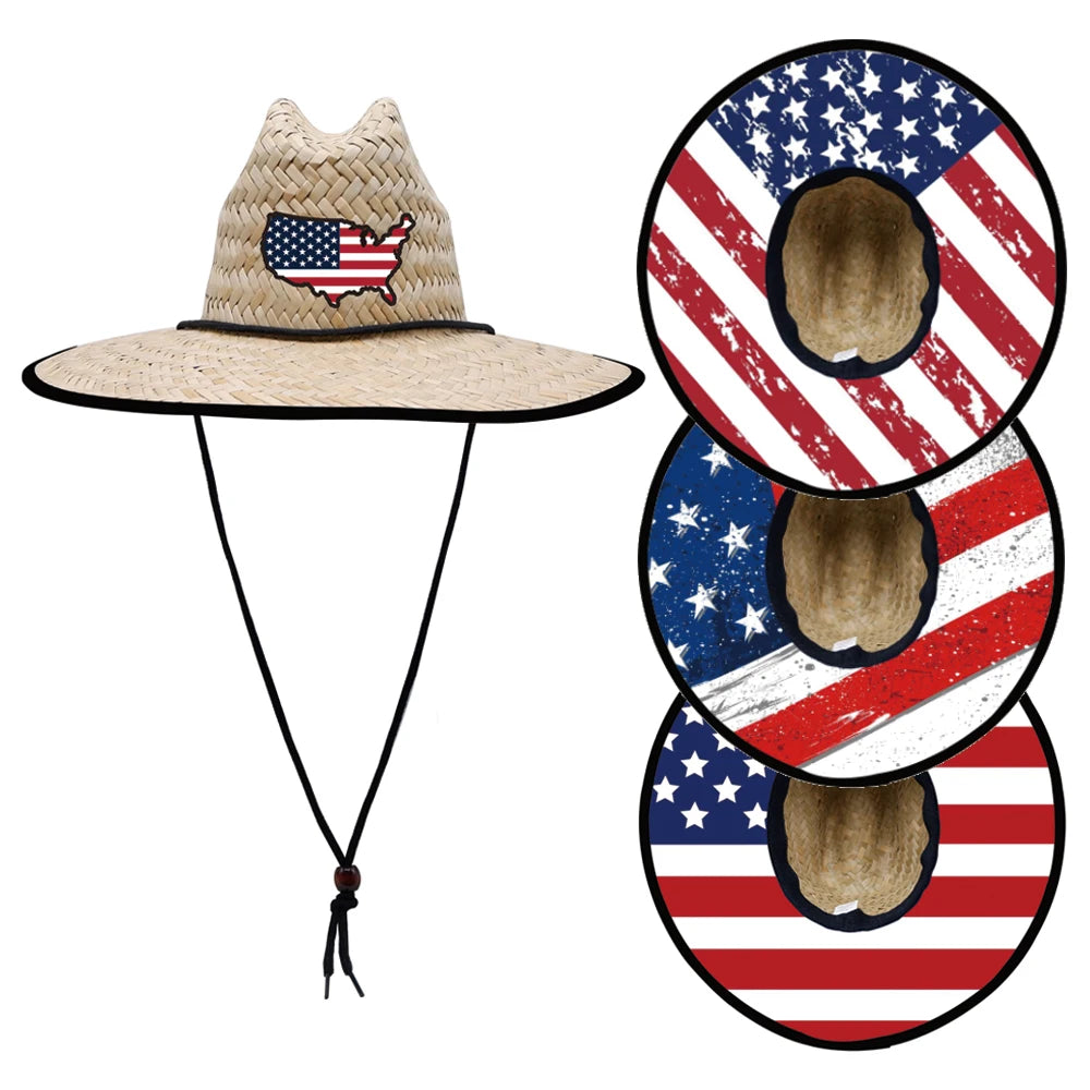 2024 Summer Unisex Outdoor Sun Straw Hat American Flag Design for Travel Daily Casual Outings Cycling Daily Use