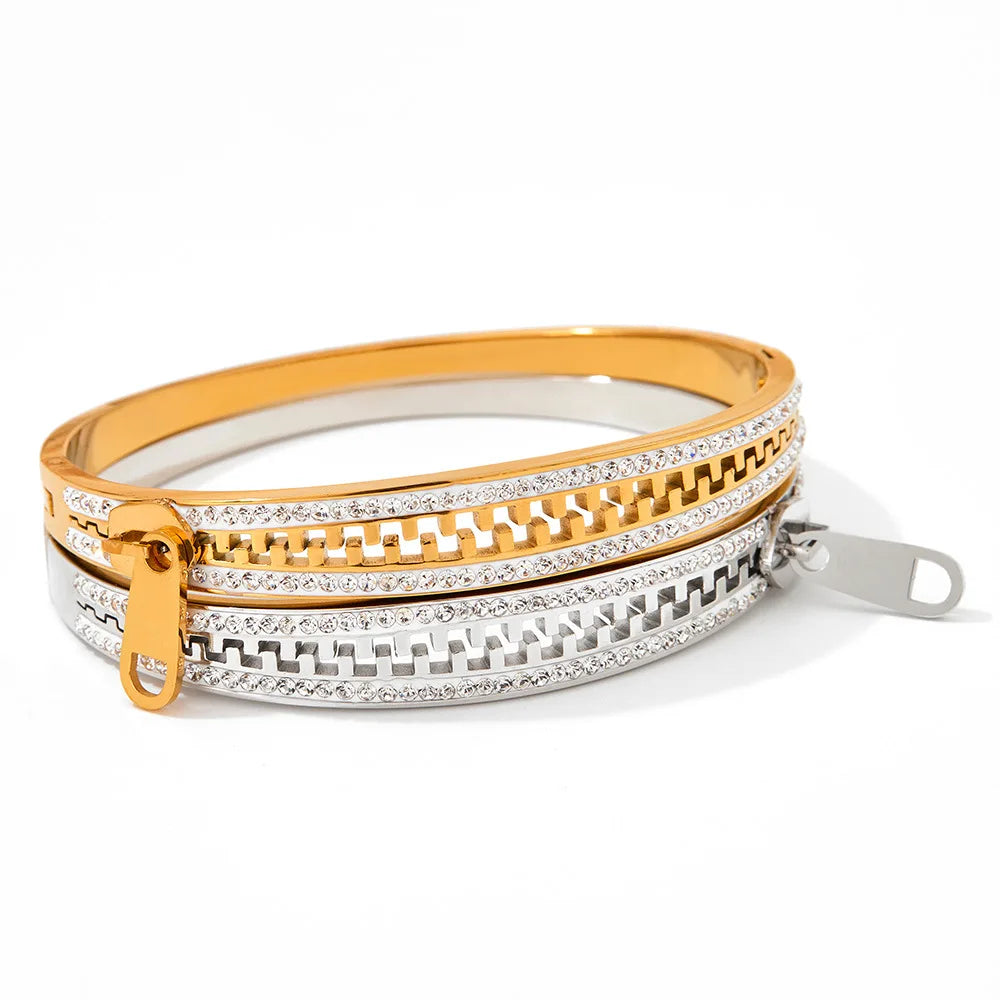 Women 18K PVD Gold Plated Stainless Steel Zipper Bangle Bracelet With Full Zircon Personalized Fashion Jewelry Bangles