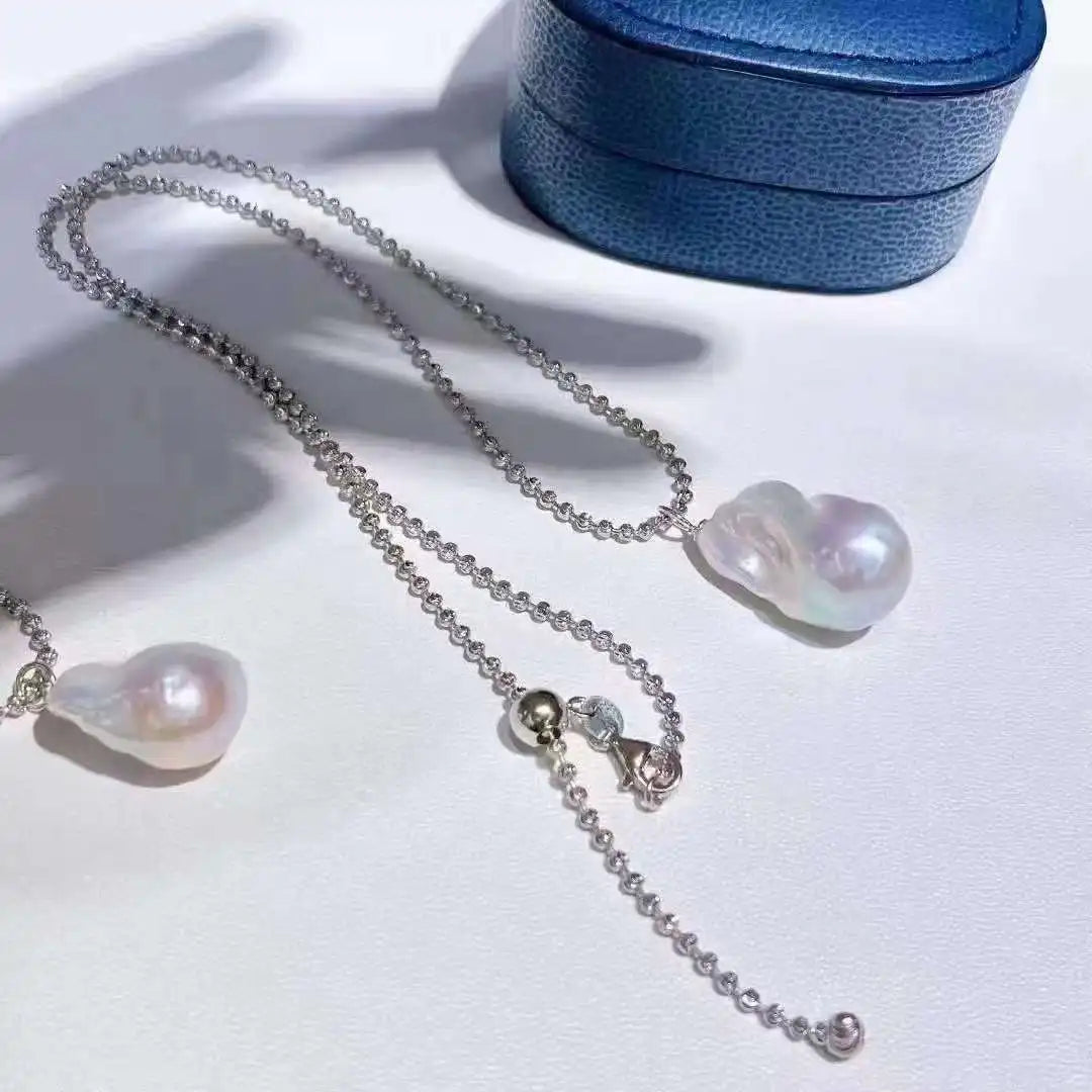 60 cm Adjustable Total Length Platinum Plated AAA Grade Diamond Chain Natural Freshwater Baroque Pendant Pearl Necklace Women's