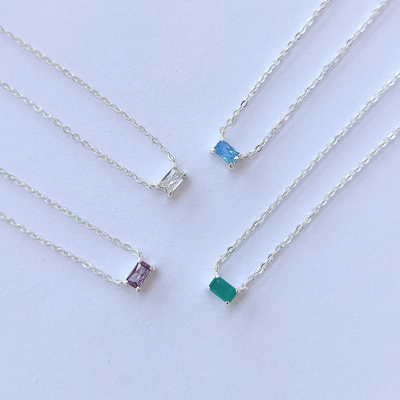Minimalism 925 Sterling Silver Flat Cable Chain Rectangle Zircon Charm Necklace for Women Wholesale